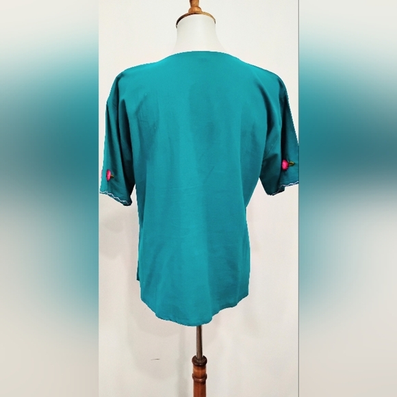 EMBROIDERED TEAL COTTON BLOUSE - Picture 2 of 8
